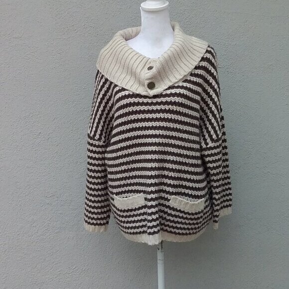 Nordstrom Caslon Sweater Women's Large Brown Cream Stripe Preppy Pockets Cowl - Picture 6 of 6